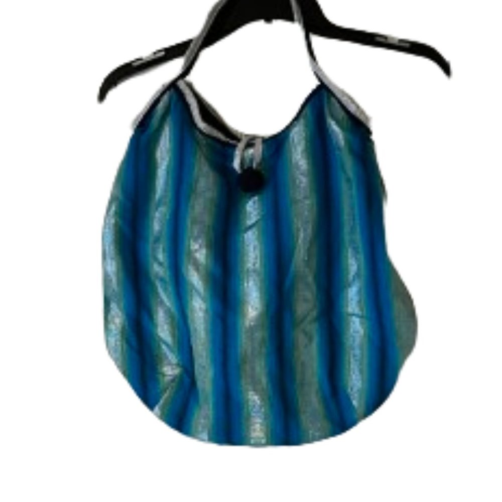Blue Striped Shoulder Bag w/Pom Pom Closure